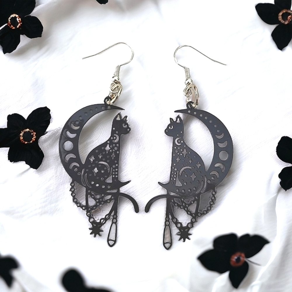 Black Cat and Moon Laser Cut Dangle Earrings